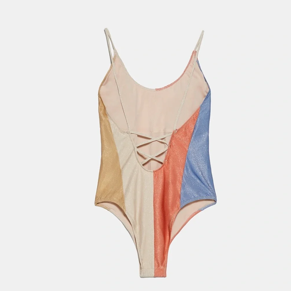 NWT ZARA SWIMSUIT WITH METALLIC THREAD STRIPED BLOGGERS FAV LARGE